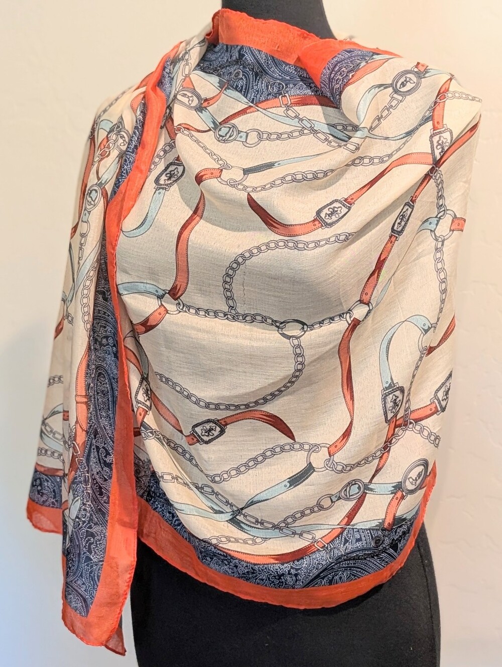 Fabulous Equestrian Fleur De Lis Pattern Red Cream And Blue 72" X 24" Scarf